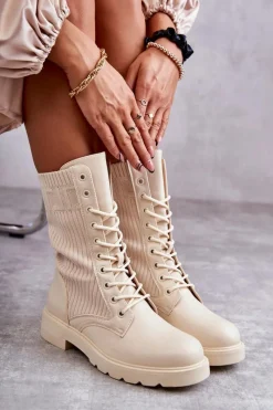 Botki Sznurowane|Botki Płaskie>Boto Damskie Botki Ze Skarpetą Na Płaskim Obcasie Beżowe Liam