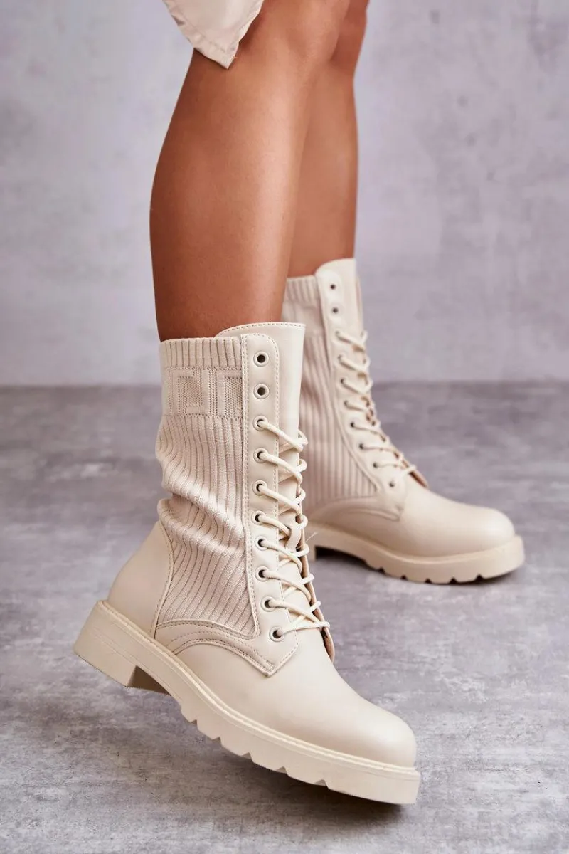 Botki Sznurowane|Botki Płaskie>Boto Damskie Botki Ze Skarpetą Na Płaskim Obcasie Beżowe Liam