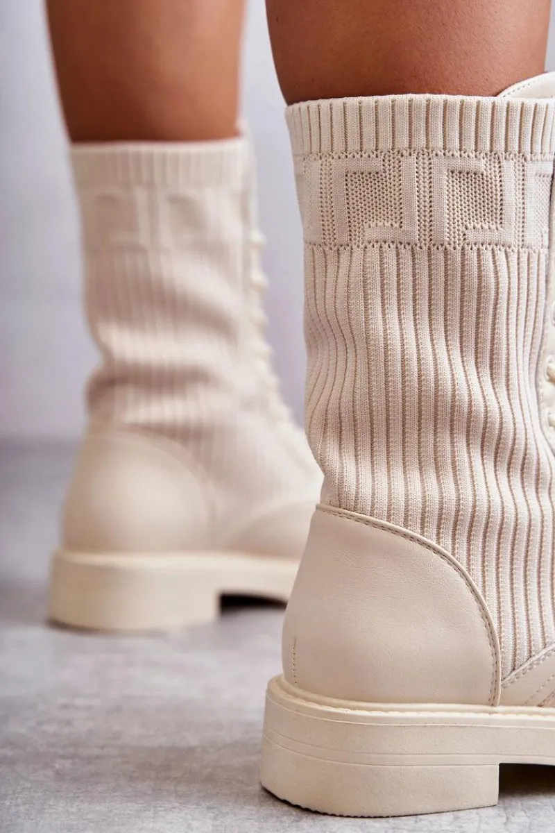 Botki Sznurowane|Botki Płaskie>Boto Damskie Botki Ze Skarpetą Na Płaskim Obcasie Beżowe Liam