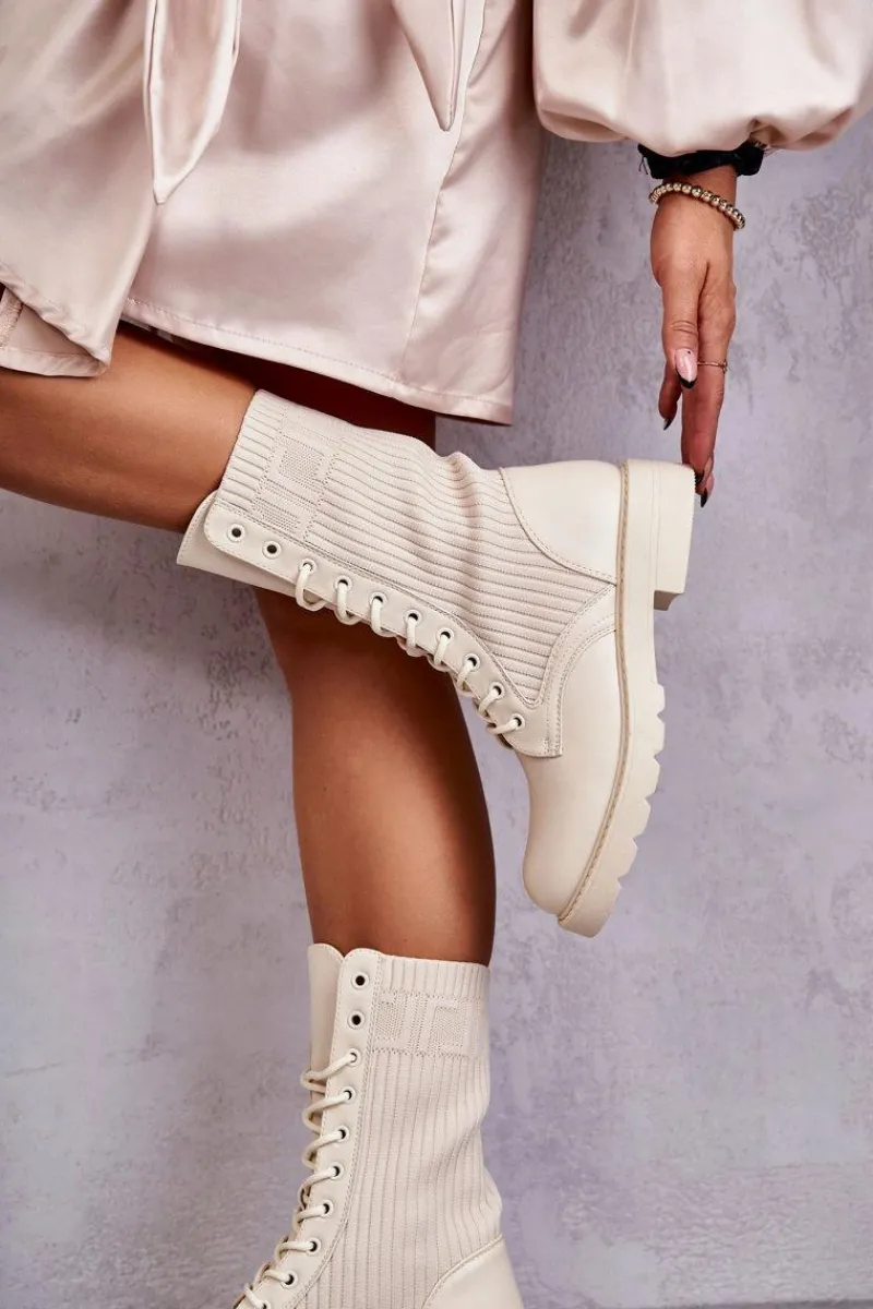 Botki Sznurowane|Botki Płaskie>Boto Damskie Botki Ze Skarpetą Na Płaskim Obcasie Beżowe Liam