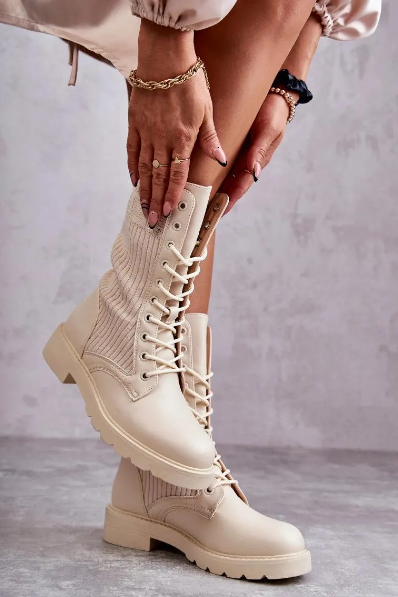 Botki Sznurowane|Botki Płaskie>Boto Damskie Botki Ze Skarpetą Na Płaskim Obcasie Beżowe Liam