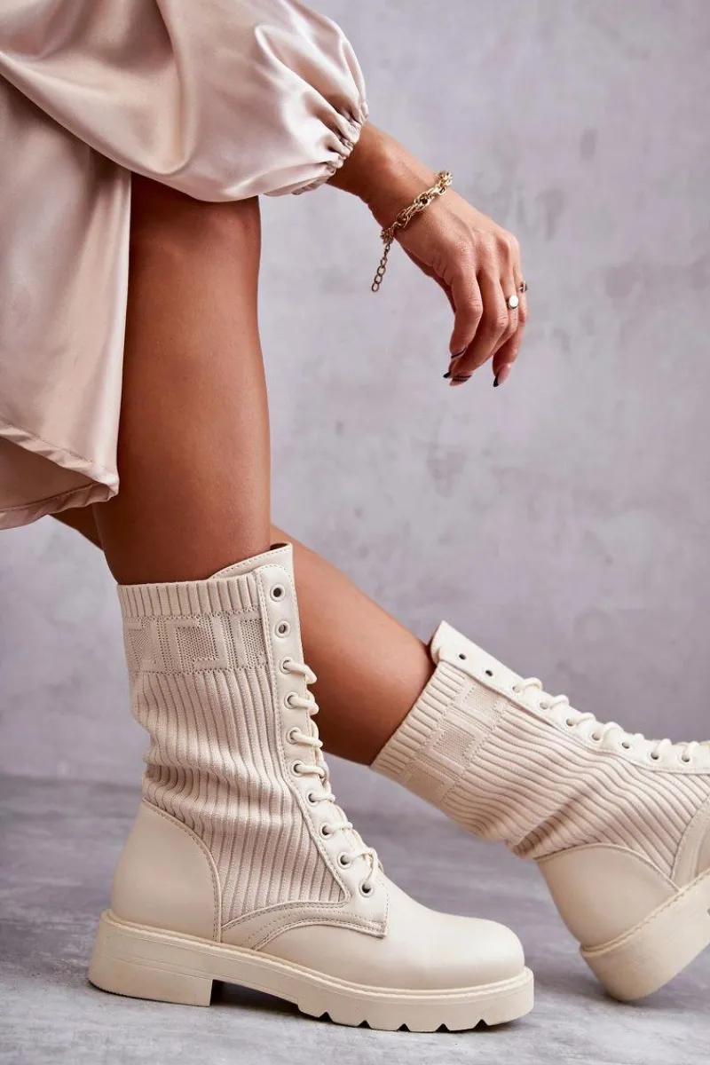 Botki Sznurowane|Botki Płaskie>Boto Damskie Botki Ze Skarpetą Na Płaskim Obcasie Beżowe Liam