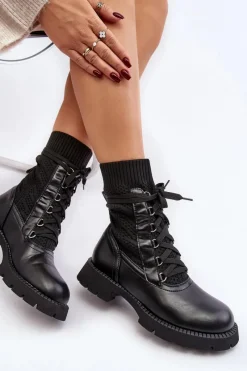 Best Boto Damskie Botki Ze Skarpetą Sznurowane Czarne Gentiana Czarny