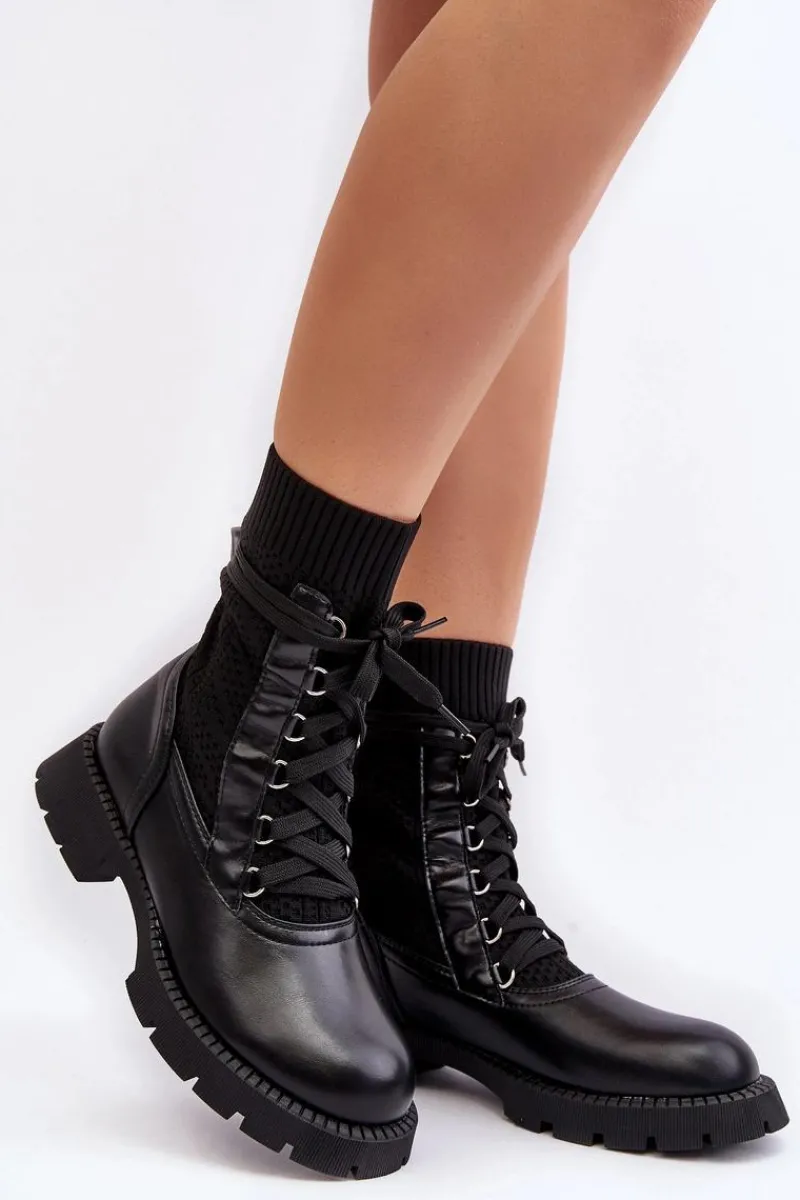 Best Boto Damskie Botki Ze Skarpetą Sznurowane Czarne Gentiana Czarny