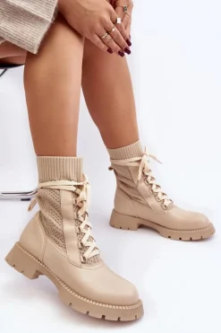 Discount Boto Damskie Botki Ze Skarpetą Sznurowane Jasnobeżowe Gentiana Beżowy
