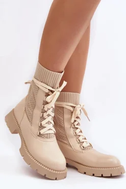 Discount Boto Damskie Botki Ze Skarpetą Sznurowane Jasnobeżowe Gentiana Beżowy