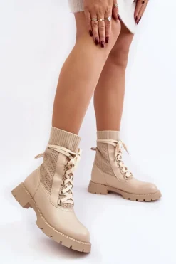 Discount Boto Damskie Botki Ze Skarpetą Sznurowane Jasnobeżowe Gentiana Beżowy