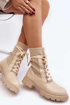 Discount Boto Damskie Botki Ze Skarpetą Sznurowane Jasnobeżowe Gentiana Beżowy