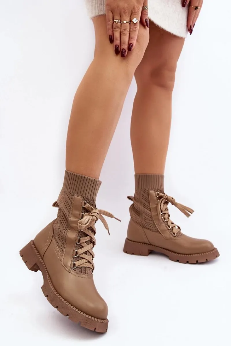 New Damskie Botki Ze Skarpetą Sznurowane Brązowe Gentiana Damskie Botki Wiosenne|Botki Sznurowane