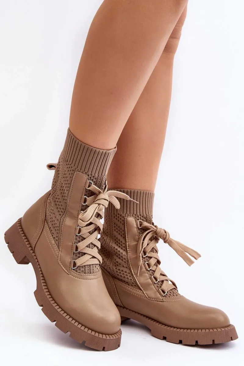 New Damskie Botki Ze Skarpetą Sznurowane Brązowe Gentiana Damskie Botki Wiosenne|Botki Sznurowane