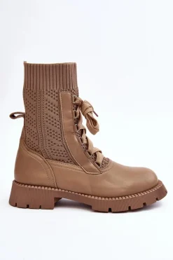 New Damskie Botki Ze Skarpetą Sznurowane Brązowe Gentiana Damskie Botki Wiosenne|Botki Sznurowane