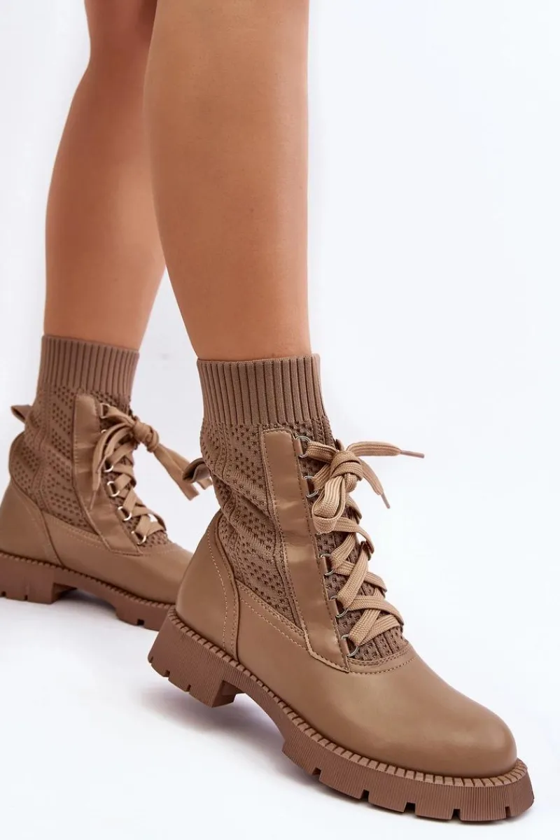 New Damskie Botki Ze Skarpetą Sznurowane Brązowe Gentiana Damskie Botki Wiosenne|Botki Sznurowane