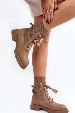 New Damskie Botki Ze Skarpetą Sznurowane Brązowe Gentiana Damskie Botki Wiosenne|Botki Sznurowane