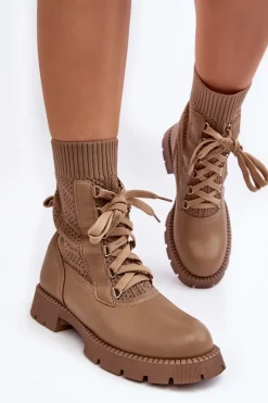 New Damskie Botki Ze Skarpetą Sznurowane Brązowe Gentiana Damskie Botki Wiosenne|Botki Sznurowane