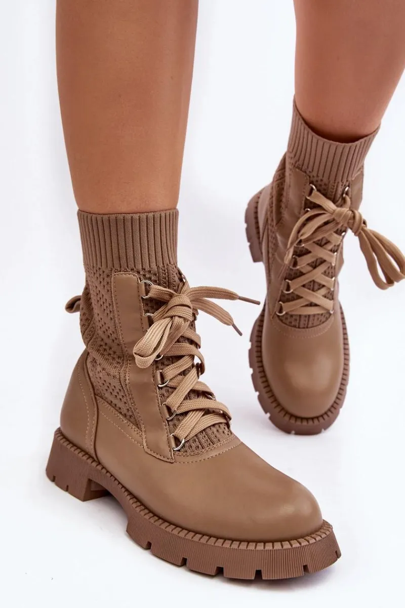 New Damskie Botki Ze Skarpetą Sznurowane Brązowe Gentiana Damskie Botki Wiosenne|Botki Sznurowane