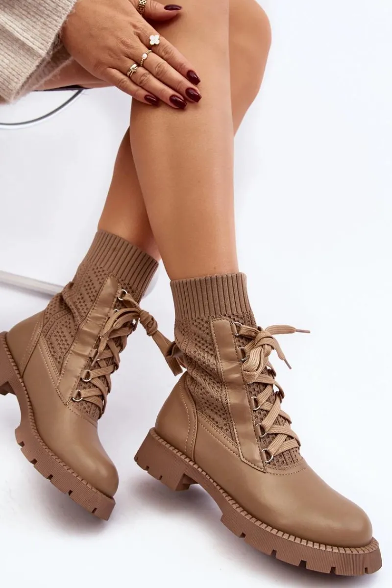 New Damskie Botki Ze Skarpetą Sznurowane Brązowe Gentiana Damskie Botki Wiosenne|Botki Sznurowane