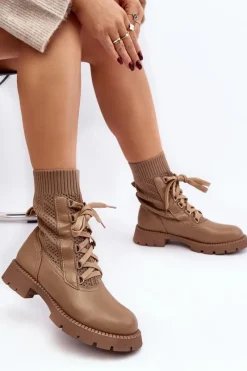 New Damskie Botki Ze Skarpetą Sznurowane Brązowe Gentiana Damskie Botki Wiosenne|Botki Sznurowane
