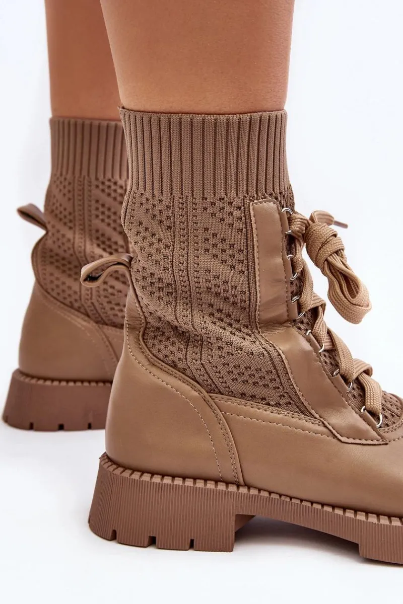 New Damskie Botki Ze Skarpetą Sznurowane Brązowe Gentiana Damskie Botki Wiosenne|Botki Sznurowane