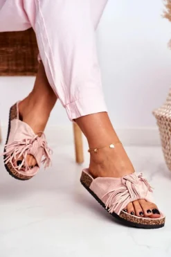 Sale Damskie Brudny Róż Klapki Na Korku Frędzle Marina Damskie Klapki Korkowe|Klapki Damskie Klasyczne