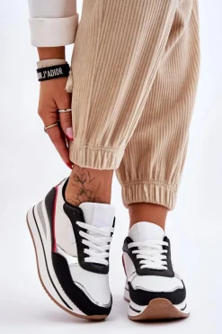 Sneakersy Damskie>Boto Damskie Buty Sportowe Na Koturnie I Platformie Biało-Czarne Allen