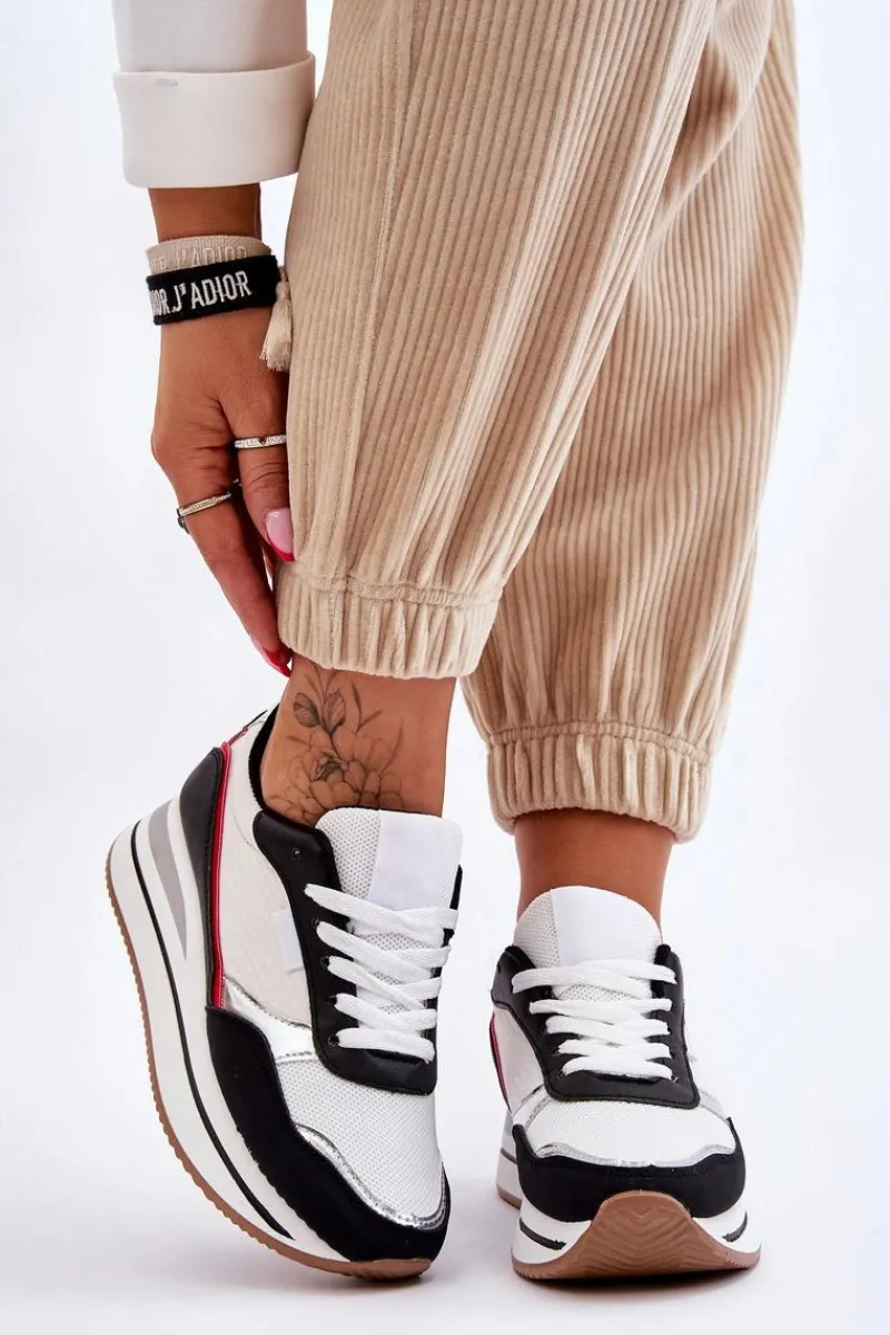 Sneakersy Damskie>Boto Damskie Buty Sportowe Na Koturnie I Platformie Biało-Czarne Allen