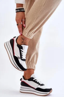 Sneakersy Damskie>Boto Damskie Buty Sportowe Na Koturnie I Platformie Biało-Czarne Allen