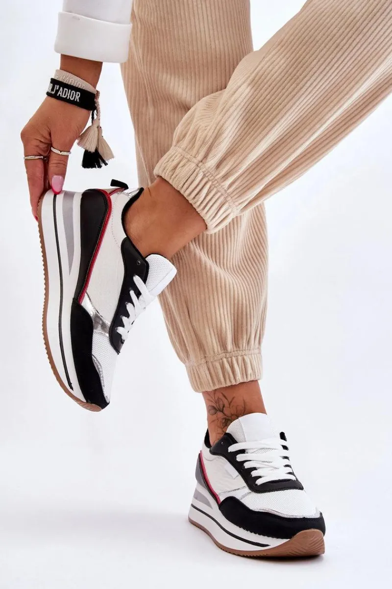 Sneakersy Damskie>Boto Damskie Buty Sportowe Na Koturnie I Platformie Biało-Czarne Allen