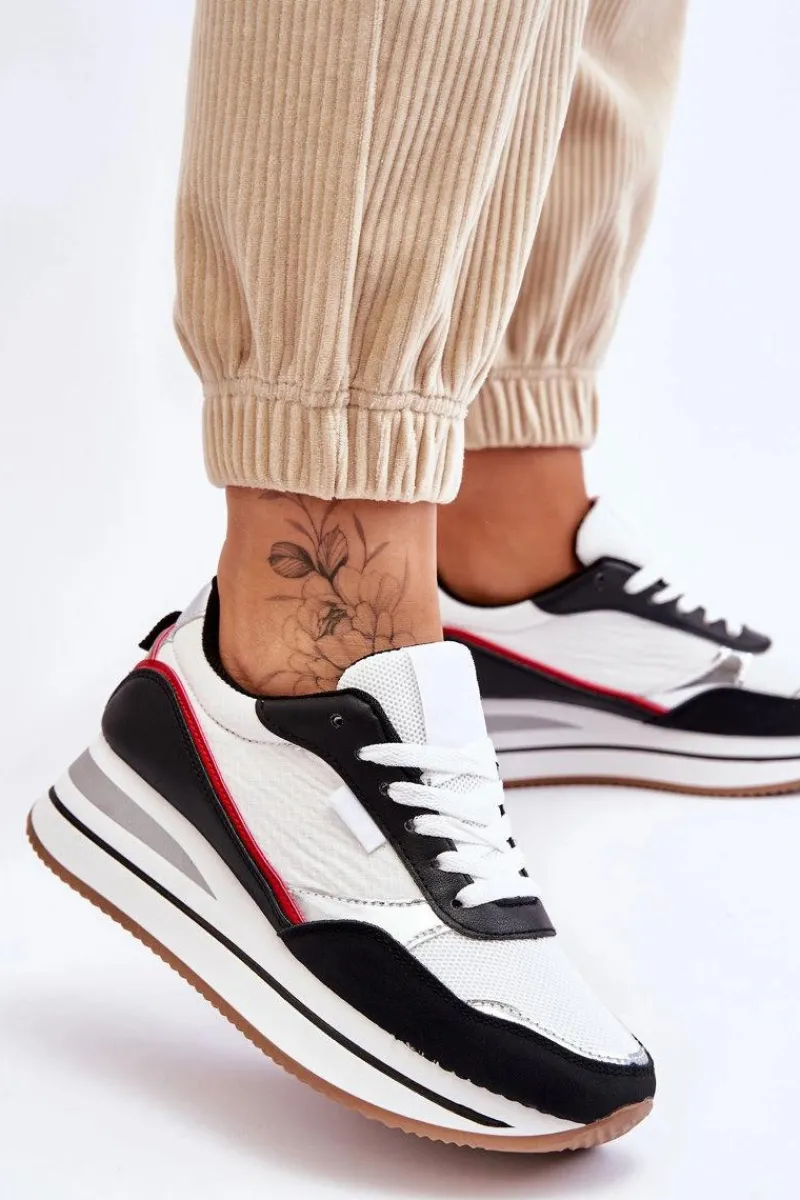 Sneakersy Damskie>Boto Damskie Buty Sportowe Na Koturnie I Platformie Biało-Czarne Allen