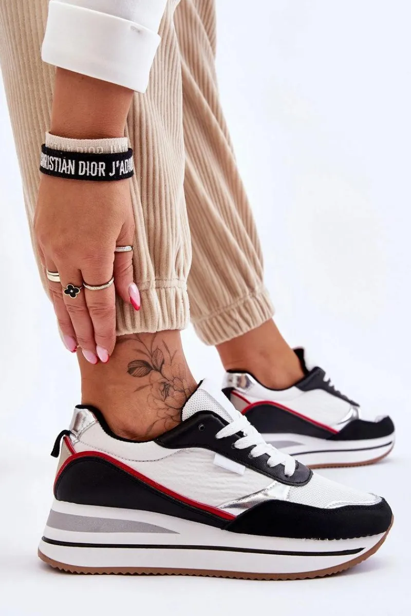 Sneakersy Damskie>Boto Damskie Buty Sportowe Na Koturnie I Platformie Biało-Czarne Allen