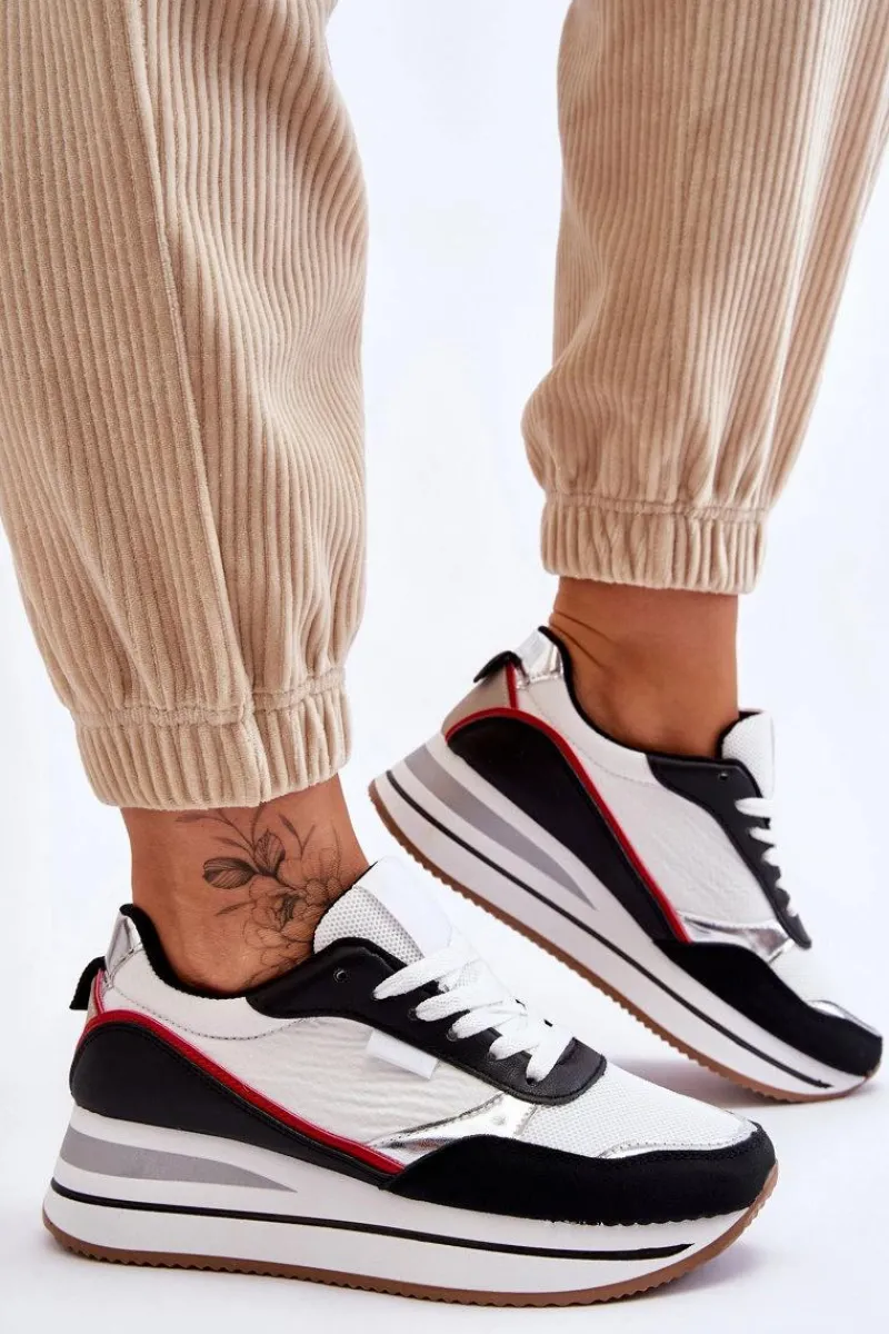 Sneakersy Damskie>Boto Damskie Buty Sportowe Na Koturnie I Platformie Biało-Czarne Allen