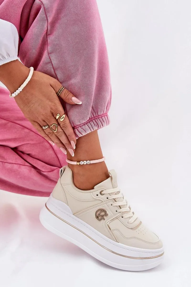 Online Damskie Buty Sportowe Na Platformie Beżowe Caldeno Damskie Buty Sportowe Na Platformie|Sneakersy Damskie
