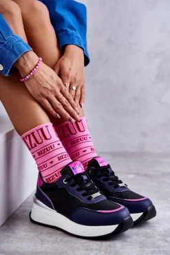 Clearance Damskie Buty Sportowe Na Koturnie KK2N4081 Czarno-Granatowe Damskie Sneakersy Damskie