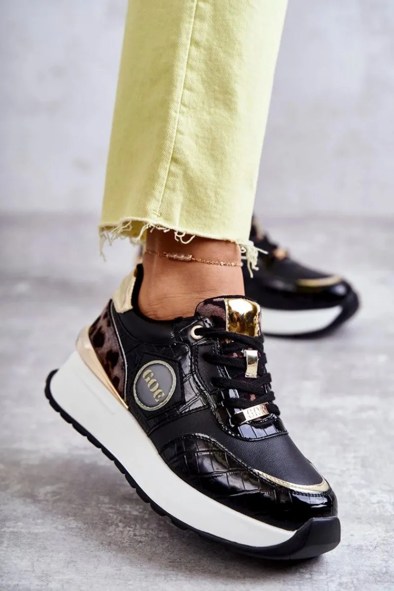 Sale Damskie Buty Sportowe Na Koturnie KK2N4085 Czarne Damskie Sneakersy Damskie