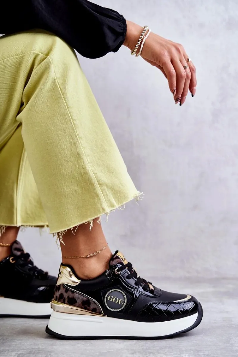 Sale Damskie Buty Sportowe Na Koturnie KK2N4085 Czarne Damskie Sneakersy Damskie