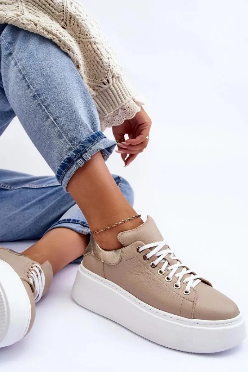 Boto Damskie Buty Sportowe Skórzane na Platformie Beżowe Lemar 10150 Beżowy