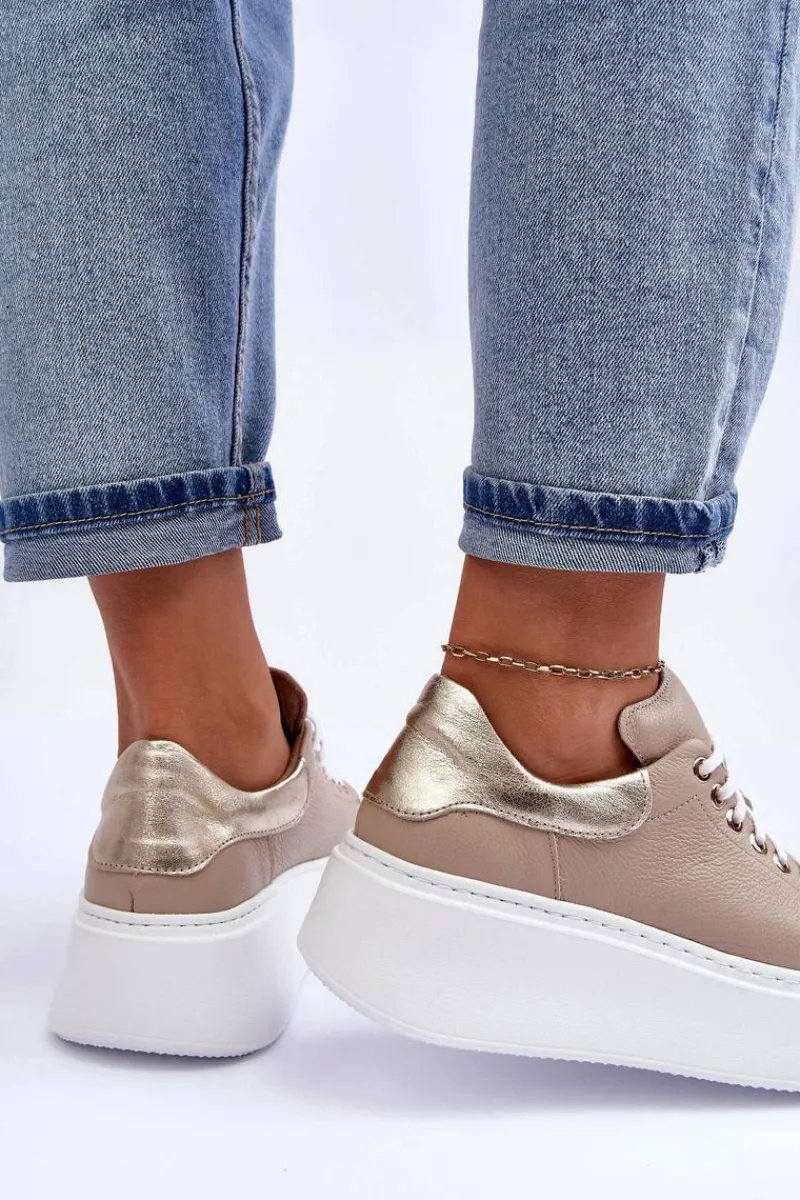 Boto Damskie Buty Sportowe Skórzane na Platformie Beżowe Lemar 10150 Beżowy