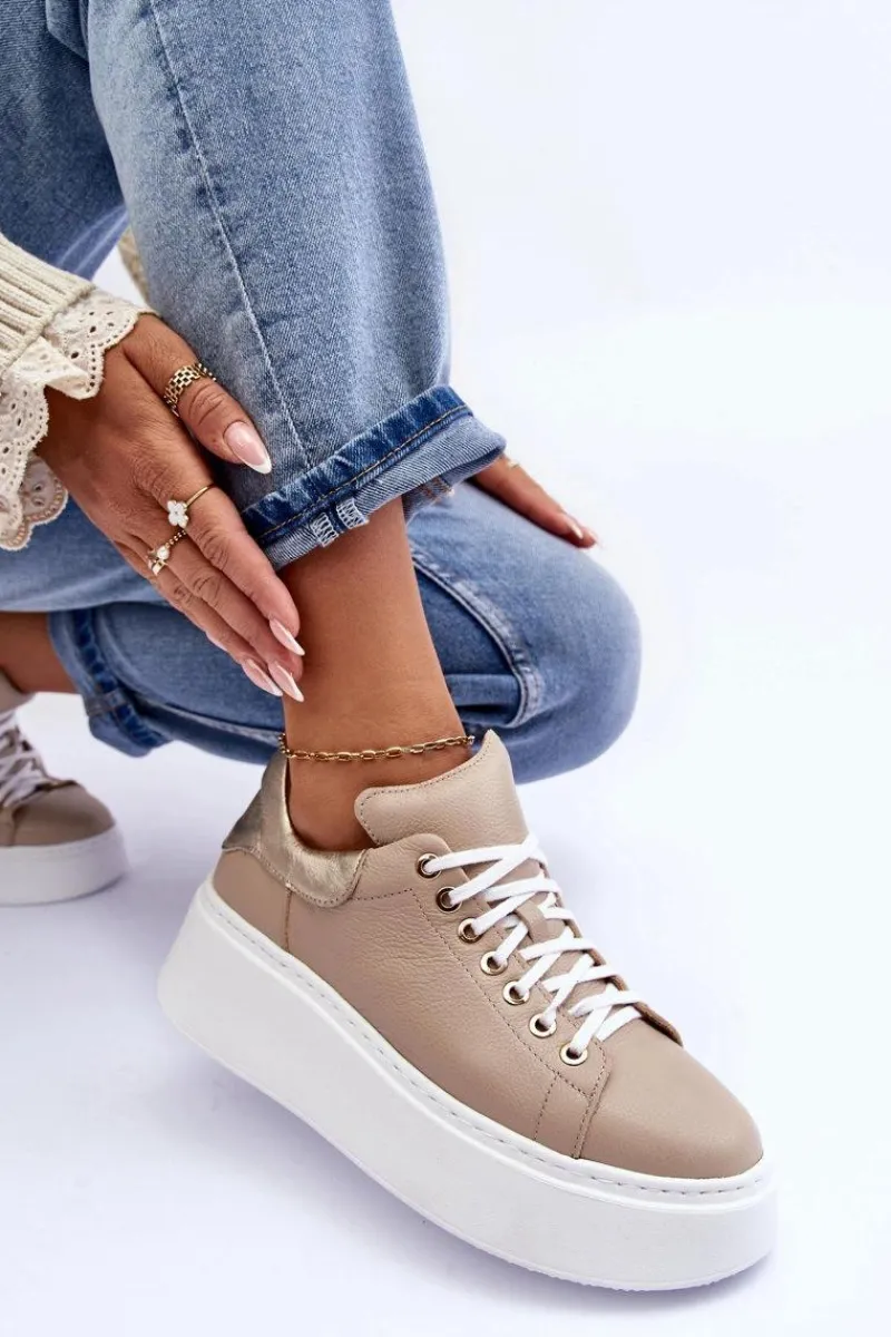 Boto Damskie Buty Sportowe Skórzane na Platformie Beżowe Lemar 10150 Beżowy