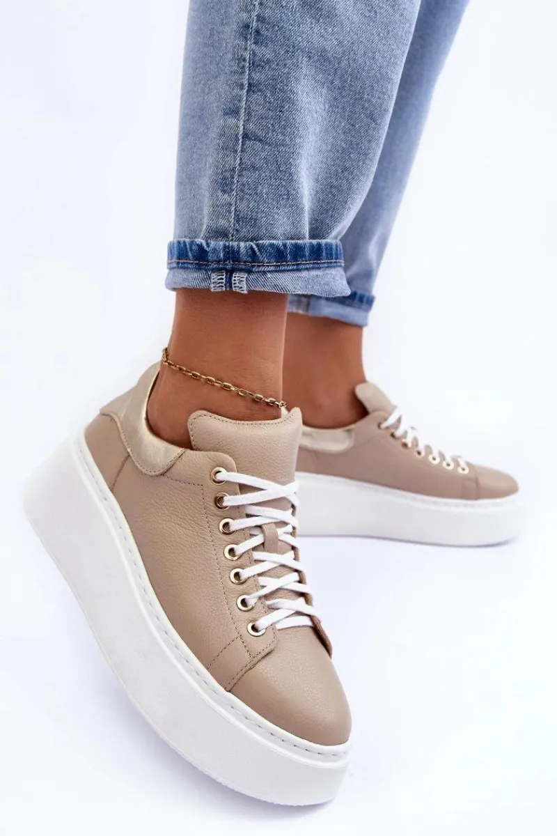 Boto Damskie Buty Sportowe Skórzane na Platformie Beżowe Lemar 10150 Beżowy