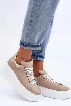 Boto Damskie Buty Sportowe Skórzane na Platformie Beżowe Lemar 10150 Beżowy