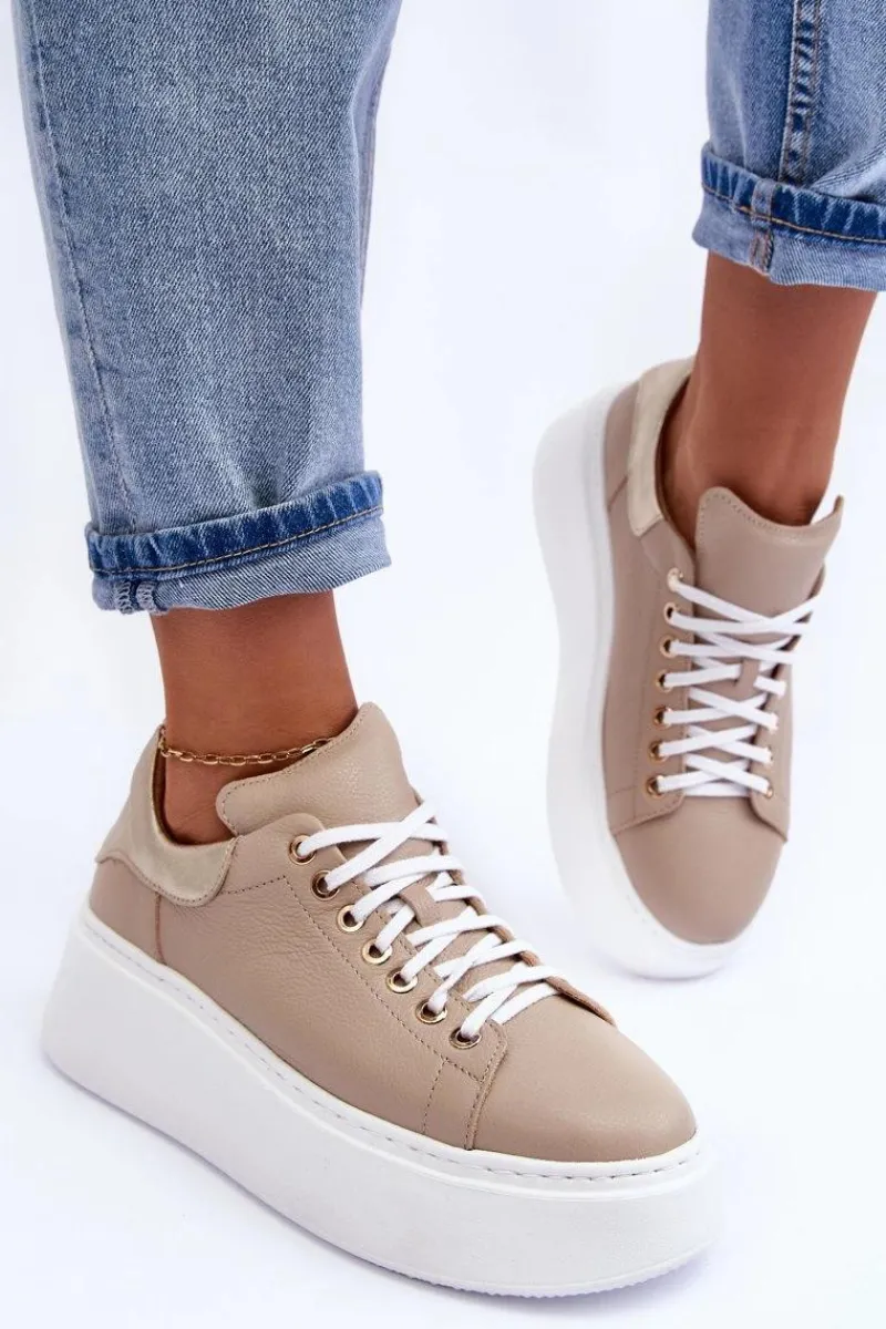 Boto Damskie Buty Sportowe Skórzane na Platformie Beżowe Lemar 10150 Beżowy