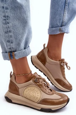 Buty Sportowe Na Platformie>Maciejka Damskie Buty Sportowe Skórzane 06295-04 Beżowe Beżowy