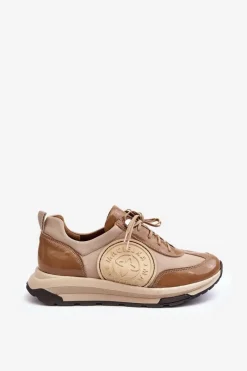 Buty Sportowe Na Platformie></noscript>Maciejka Damskie Buty Sportowe Skórzane 06295-04 Beżowe Beżowy