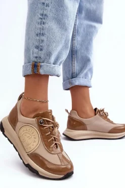 Buty Sportowe Na Platformie></noscript>Maciejka Damskie Buty Sportowe Skórzane 06295-04 Beżowe Beżowy