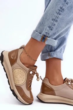 Buty Sportowe Na Platformie></noscript>Maciejka Damskie Buty Sportowe Skórzane 06295-04 Beżowe Beżowy