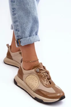 Buty Sportowe Na Platformie></noscript>Maciejka Damskie Buty Sportowe Skórzane 06295-04 Beżowe Beżowy