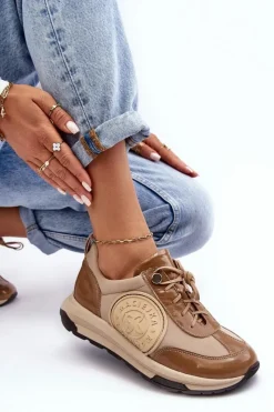 Buty Sportowe Na Platformie></noscript>Maciejka Damskie Buty Sportowe Skórzane 06295-04 Beżowe Beżowy