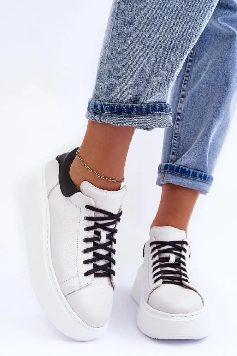 Sneakersy Damskie>Boto Damskie Buty Sportowe Skórzane na Platformie Biało-Czarne Lemar 10150 Biały