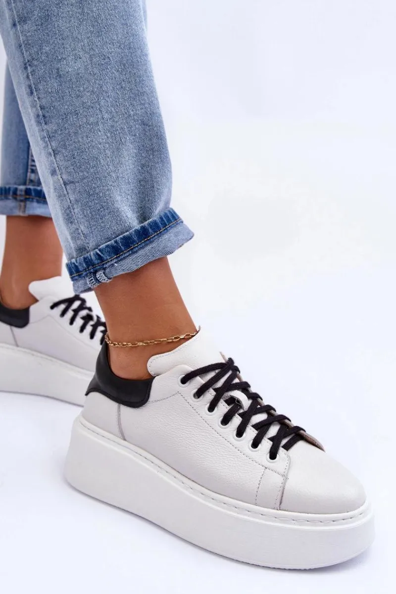 Sneakersy Damskie>Boto Damskie Buty Sportowe Skórzane na Platformie Biało-Czarne Lemar 10150 Biały