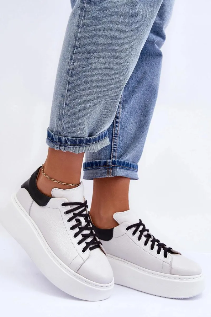 Sneakersy Damskie>Boto Damskie Buty Sportowe Skórzane na Platformie Biało-Czarne Lemar 10150 Biały