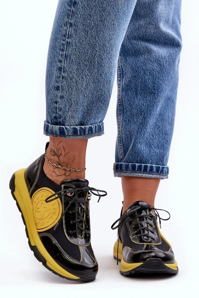Clearance Maciejka Damskie Buty Sportowe Skórzane 06295-01 Czarno-Żółte Czarny